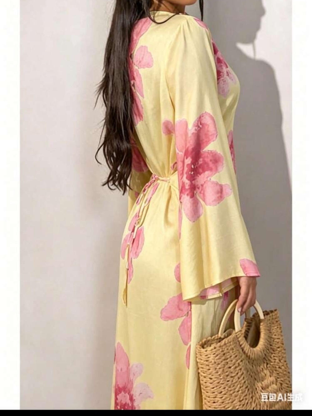 Yellow Floral Wrap Dress with Pink Blooms
